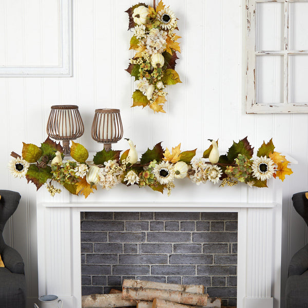 5’ Fall Sunflower, Hydrangea and White Pumpkin Artificial Autumn Garland