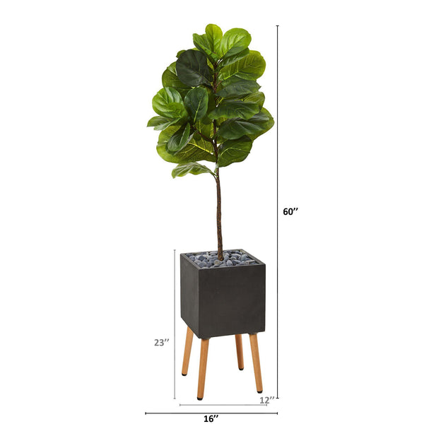5’ Fiddle Leaf Artificial Tree in Black Planter with Stand (Real Touch)