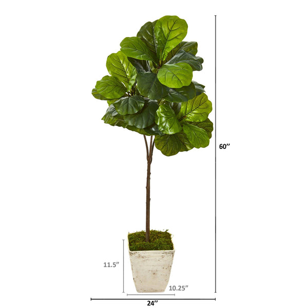 5’ Fiddle Leaf Artificial Tree in Country White Planter (Real Touch)
