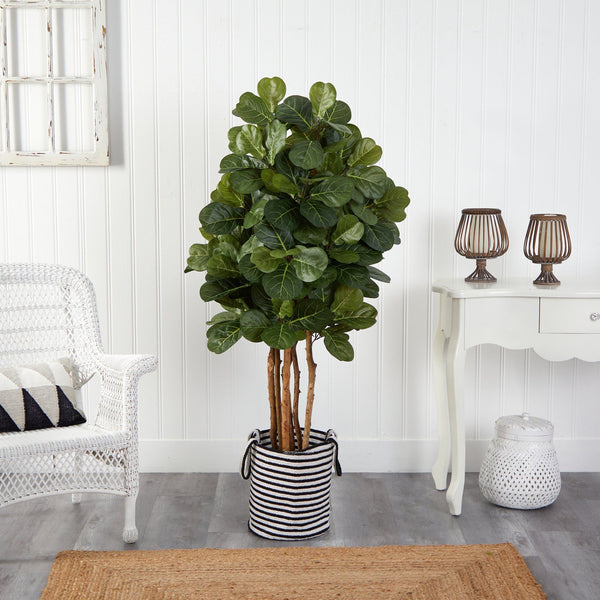 5’ Fiddle Leaf Fig Artificial Tree in Handmade Black and White Natural Jute and Cotton Planter