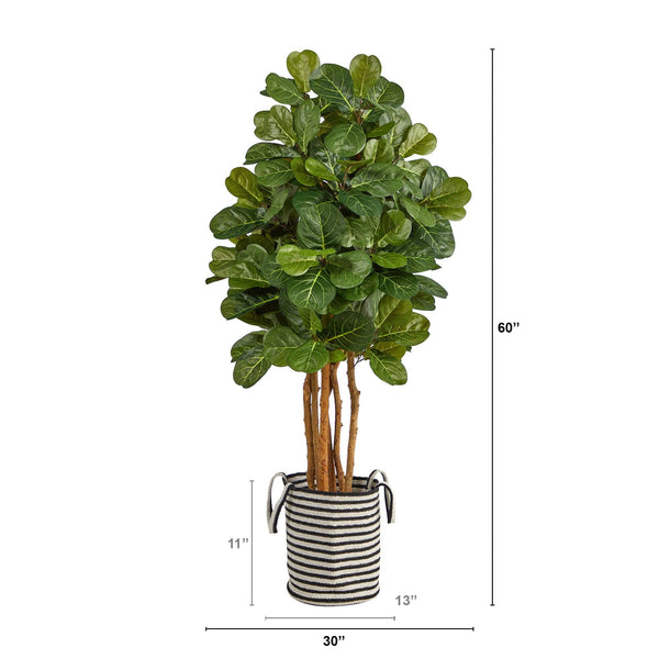 5’ Fiddle Leaf Fig Artificial Tree in Handmade Black and White Natural Jute and Cotton Planter