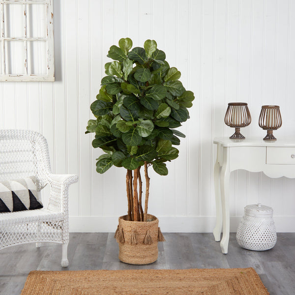 5’ Fiddle Leaf Fig Artificial Tree in Handmade Natural Jute Planter with Tassels