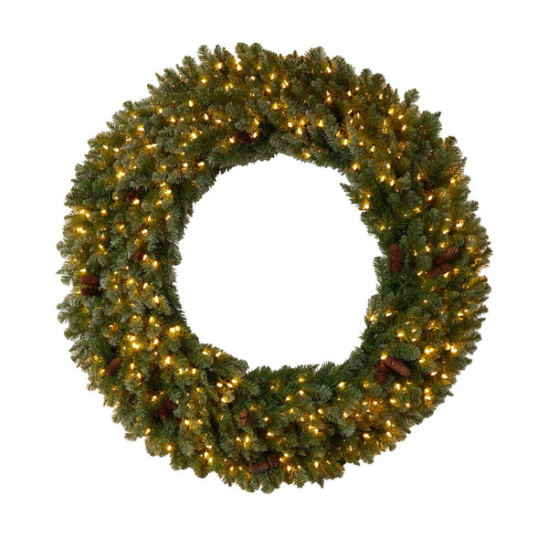 5’ Flocked Artificial Christmas Wreath with Pinecones, 300 Clear LED Lights and 680 Bendable Branches