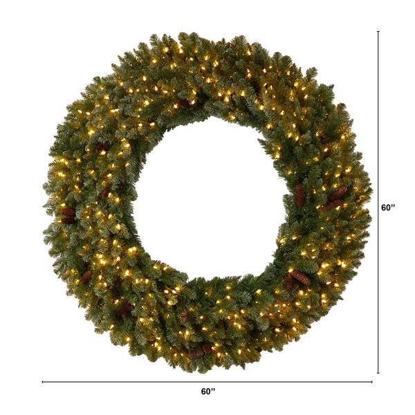 5’ Flocked Artificial Christmas Wreath with Pinecones, 300 Clear LED Lights and 680 Bendable Branches