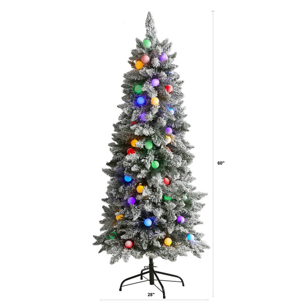 5' Flocked British Columbia Mountain Fir Artificial Christmas Tree with 50 Multi Color Globe Bulbs and 379 Bendable Branches