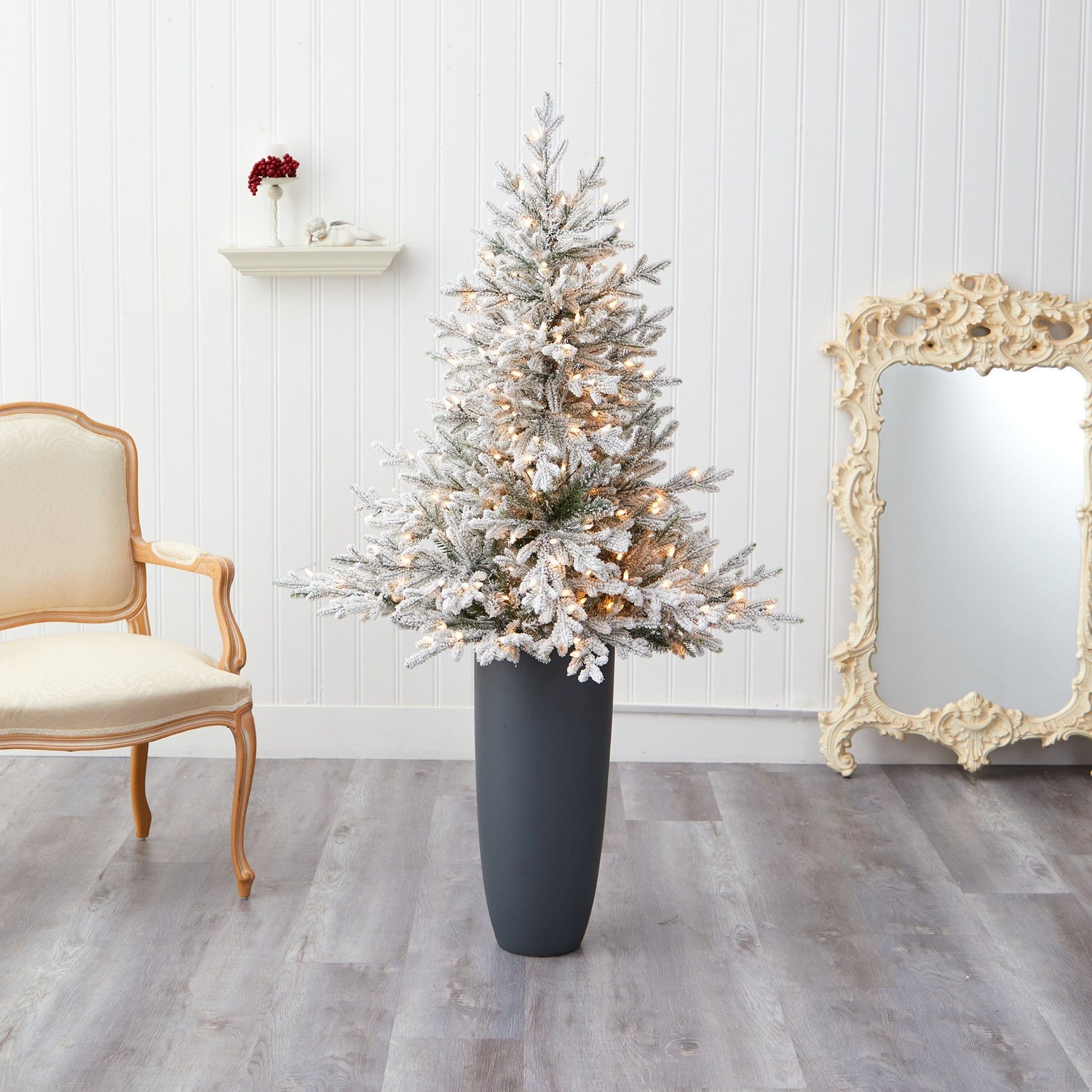 5’ Flocked Fraser Fir Artificial Christmas Tree with 300 Warm White Lights and 967 Bendable Branches in Gray Planter
