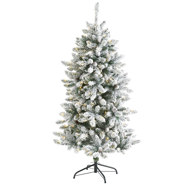 5’ Flocked Livingston Fir Artificial Christmas Tree with Pine Cones and 200 Clear Warm LED Lights