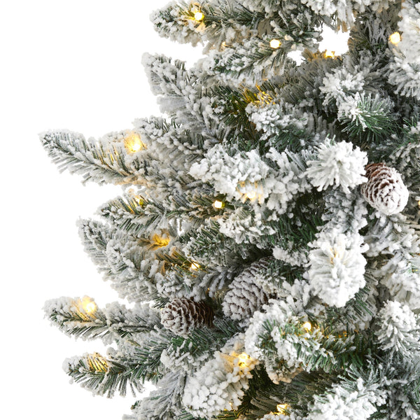 5’ Flocked Livingston Fir Artificial Christmas Tree with Pine Cones and 200 Clear Warm LED Lights