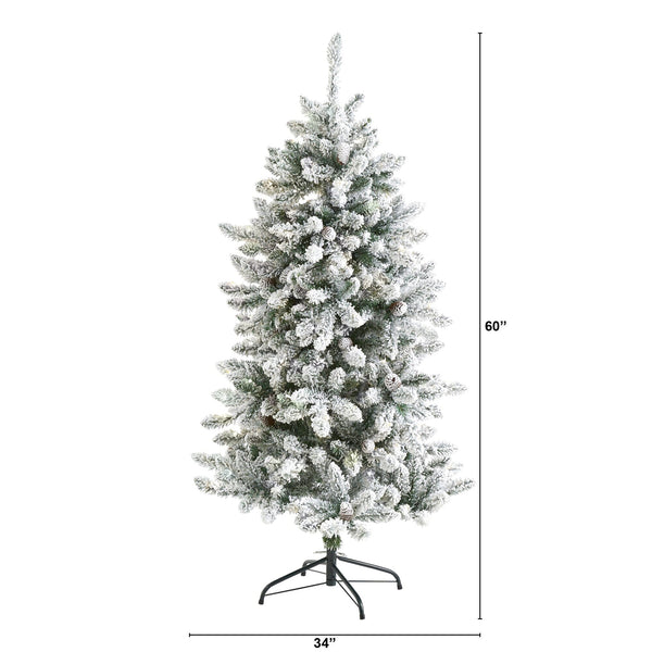 5’ Flocked Livingston Fir Artificial Christmas Tree with Pine Cones and 498 Bendable Branches