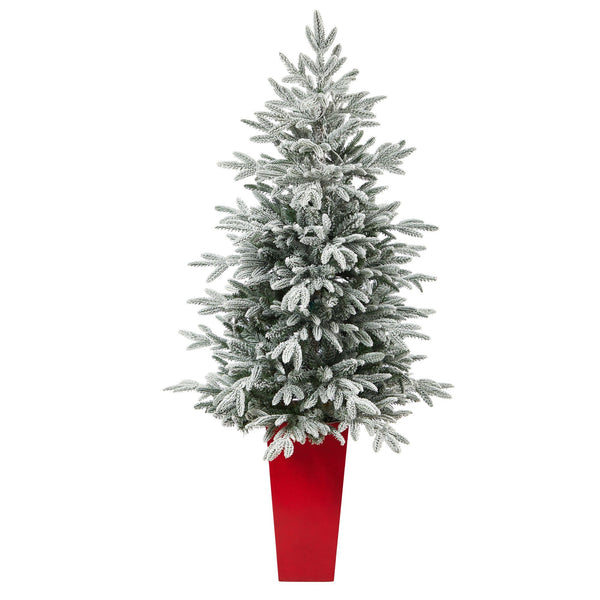 5’ Flocked Manchester Spruce Artificial Christmas Tree with 100 Lights and 357 Bendable Branches in Red Tower Planter