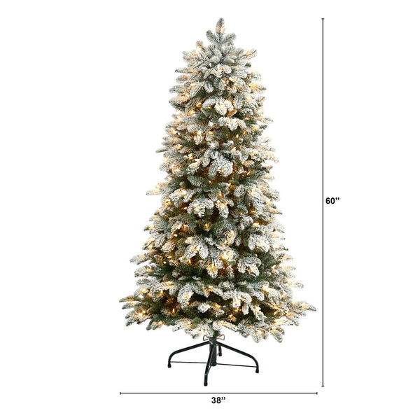 5’ Flocked North Carolina Fir Christmas Tree with 350 Warm White Lights and 1247 Bendable Branches