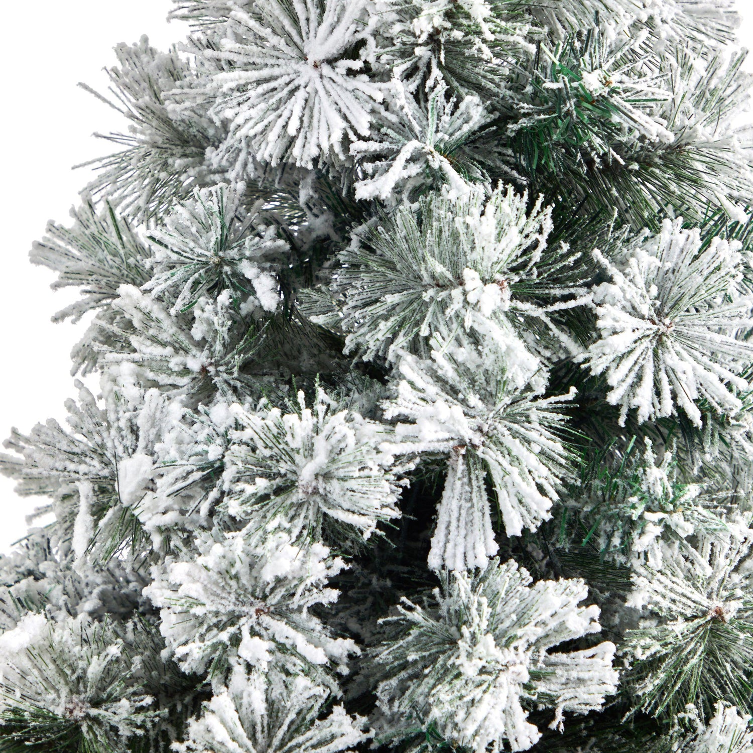 5’ Flocked Oregon Pine Artificial Christmas Tree with 100 Clear Lights and 215 Bendable Branches in Red Tower Planter