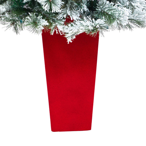 5’ Flocked Oregon Pine Artificial Christmas Tree with 100 Clear Lights and 215 Bendable Branches in Red Tower Planter