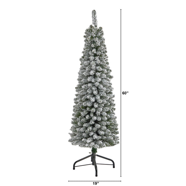 5’ Flocked Pencil Artificial Christmas Tree with 318 Bendable Branches