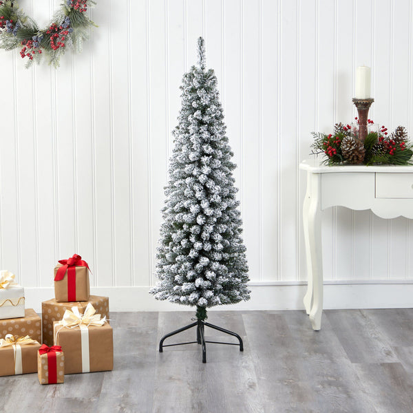 5’ Flocked Pencil Artificial Christmas Tree with 318 Bendable Branches