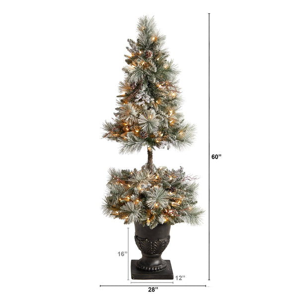 5’ Flocked Porch Christmas Tree with 100 LED Lights and 186 Bendable Branches in Decorative Urn