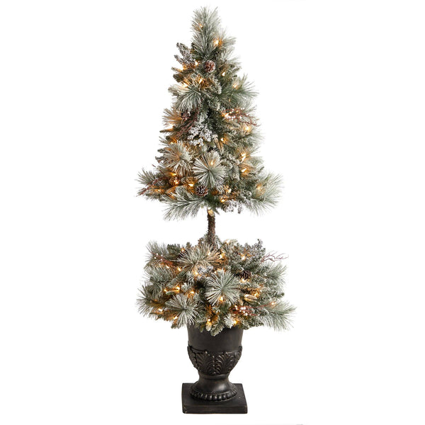 5’ Flocked Porch Christmas Tree with 100 LED Lights and 186 Bendable Branches in Decorative Urn