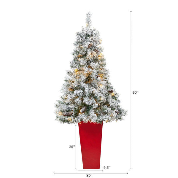 5' Flocked White River Mountain Pine Artificial Christmas Tree with Pinecones and 100 Clear LED Lights in Red Tower Planter