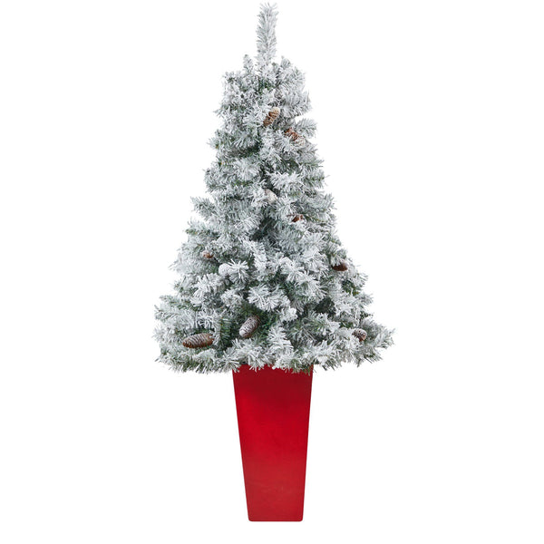 5' Flocked White River Mountain Pine Artificial Christmas Tree with Pinecones and 100 Clear LED Lights in Red Tower Planter