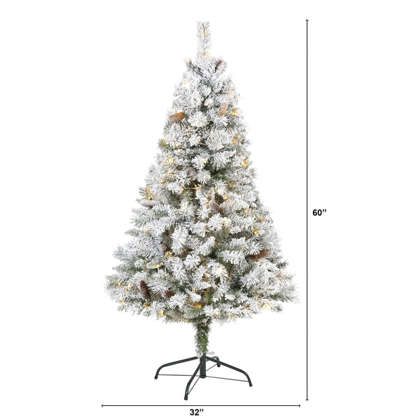 5' Flocked White River Mountain Pine Artificial Christmas Tree with Pinecones and 150 Clear LED Lights
