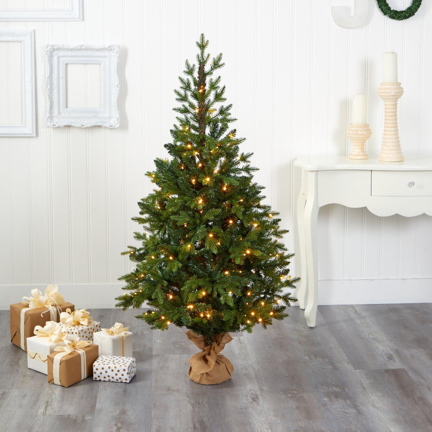 5’ Fraser Fir “Natural Look” Artificial Christmas Tree with 190 Clear LED Lights, a Burlap Base and 1217 Bendable Branches