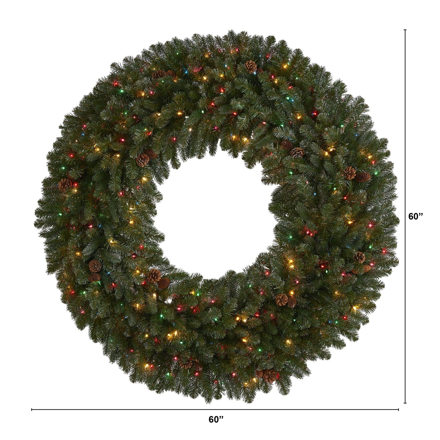 5’ Giant Flocked Artificial Christmas Wreath with 280 Multicolored Lights, Glitter and Pine Cones
