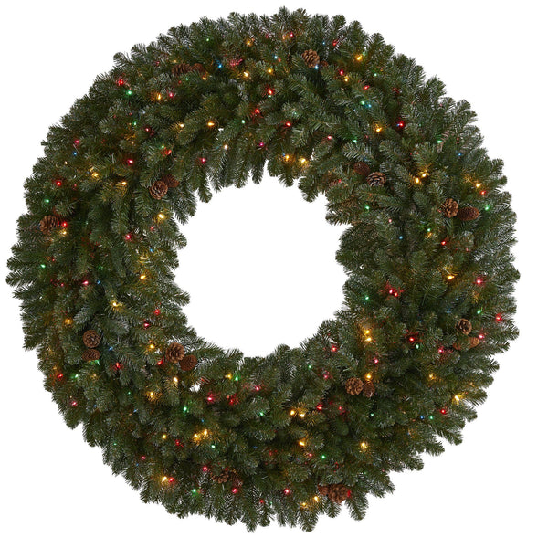 5’ Giant Flocked Artificial Christmas Wreath with 280 Multicolored Lights, Glitter and Pine Cones