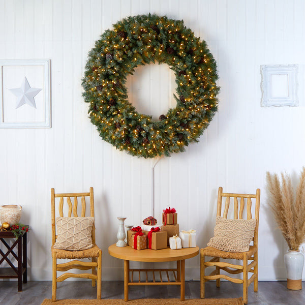5’ Giant Flocked Christmas Wreath with Pinecones, 400 Clear LED Lights and 760 Bendable Branches