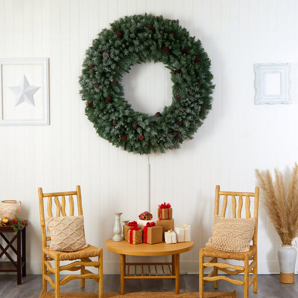 5’ Giant Flocked Christmas Wreath with Pinecones, 400 Clear LED Lights and 760 Bendable Branches