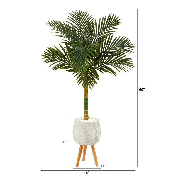 5’ Golden Cane Artificial Palm Tree in White Planter with Stand