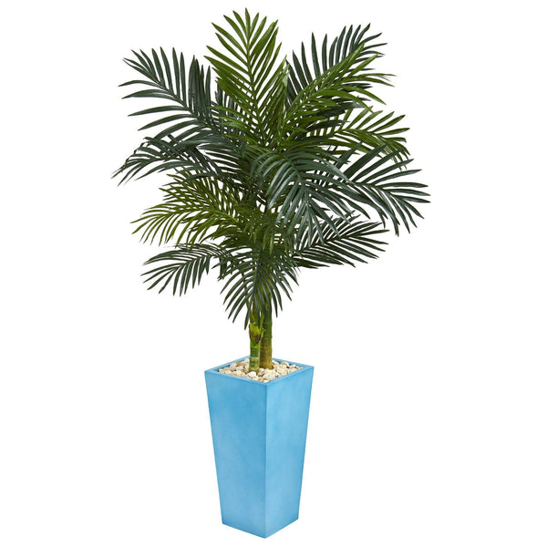 5’ Golden Cane Palm Artificial Tree in Turquoise Tower Vase