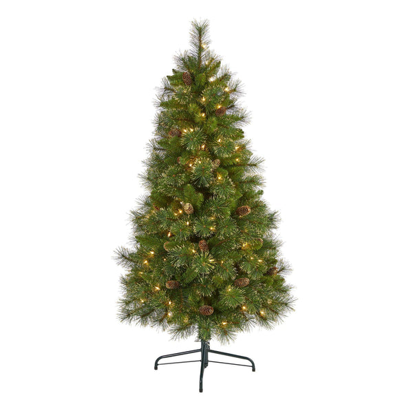 5’ Golden Tip Washington Pine Artificial Christmas Tree with 150 Clear Lights, Pine Cones and 432 Bendable Branches