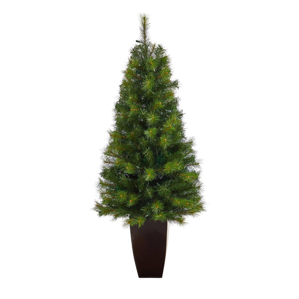 5’ Green Valley Pine Artificial Christmas Tree with 100 Warm White LED Lights and 201 Bendable Branches in Bronze Metal Planter