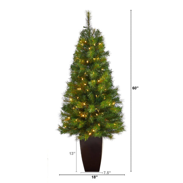 5’ Green Valley Pine Artificial Christmas Tree with 100 Warm White LED Lights and 201 Bendable Branches in Bronze Metal Planter