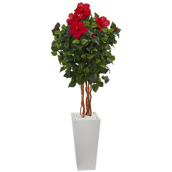 5' Hibiscus Artificial Tree in White Tower Planter
