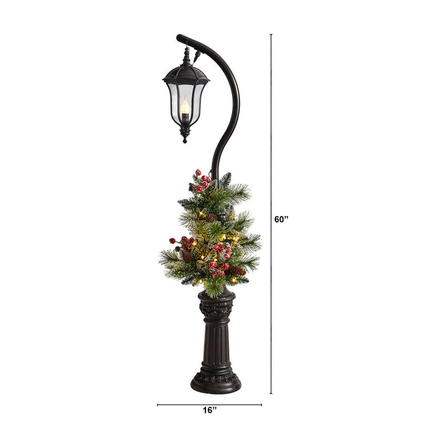 5' Holiday Decorated Lamp Post with Greenery, Berries and 30 LED Lights