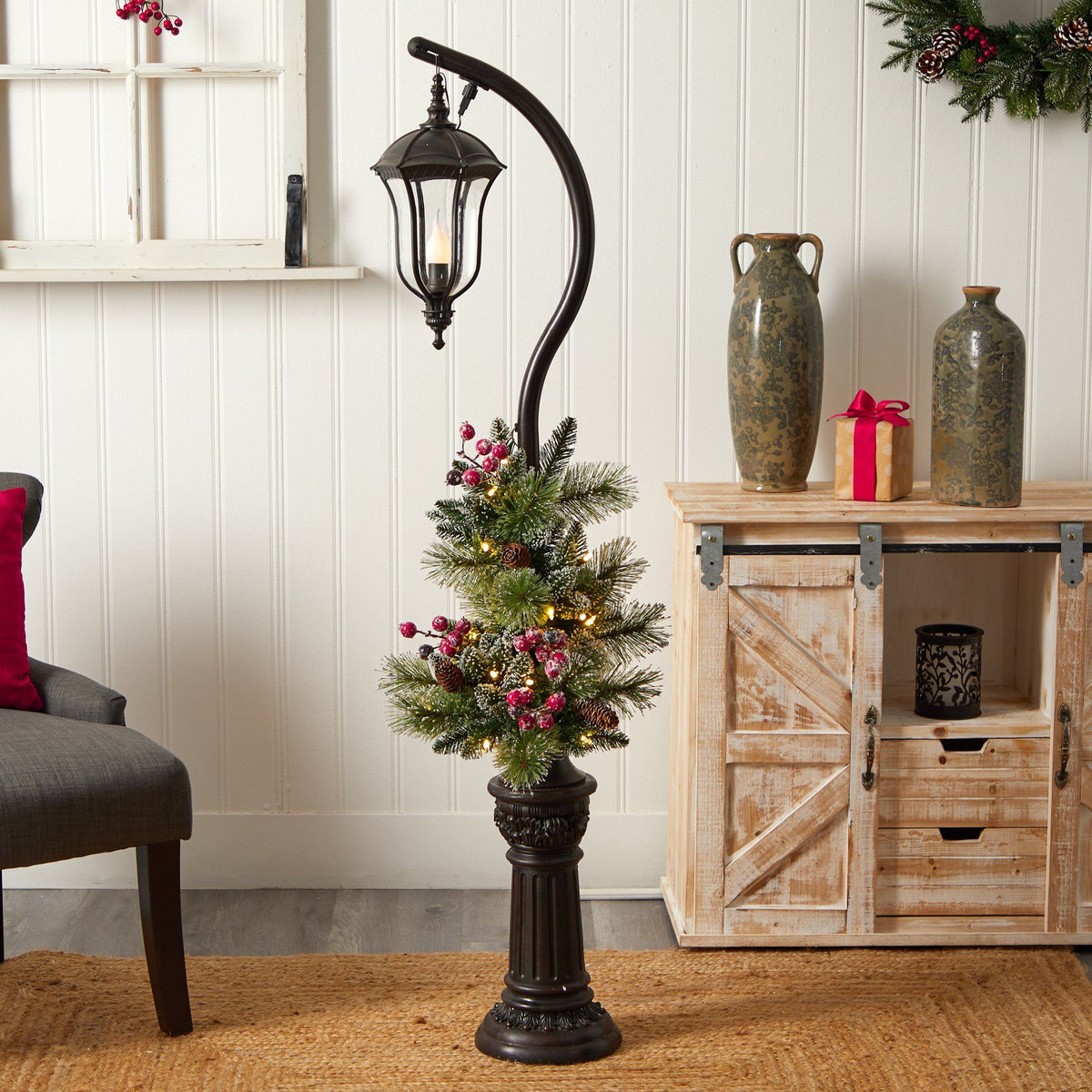 Led Post Decor 5' Holiday Decorated Lamp Post with Greenery, Berries and 30 LED Lights ...