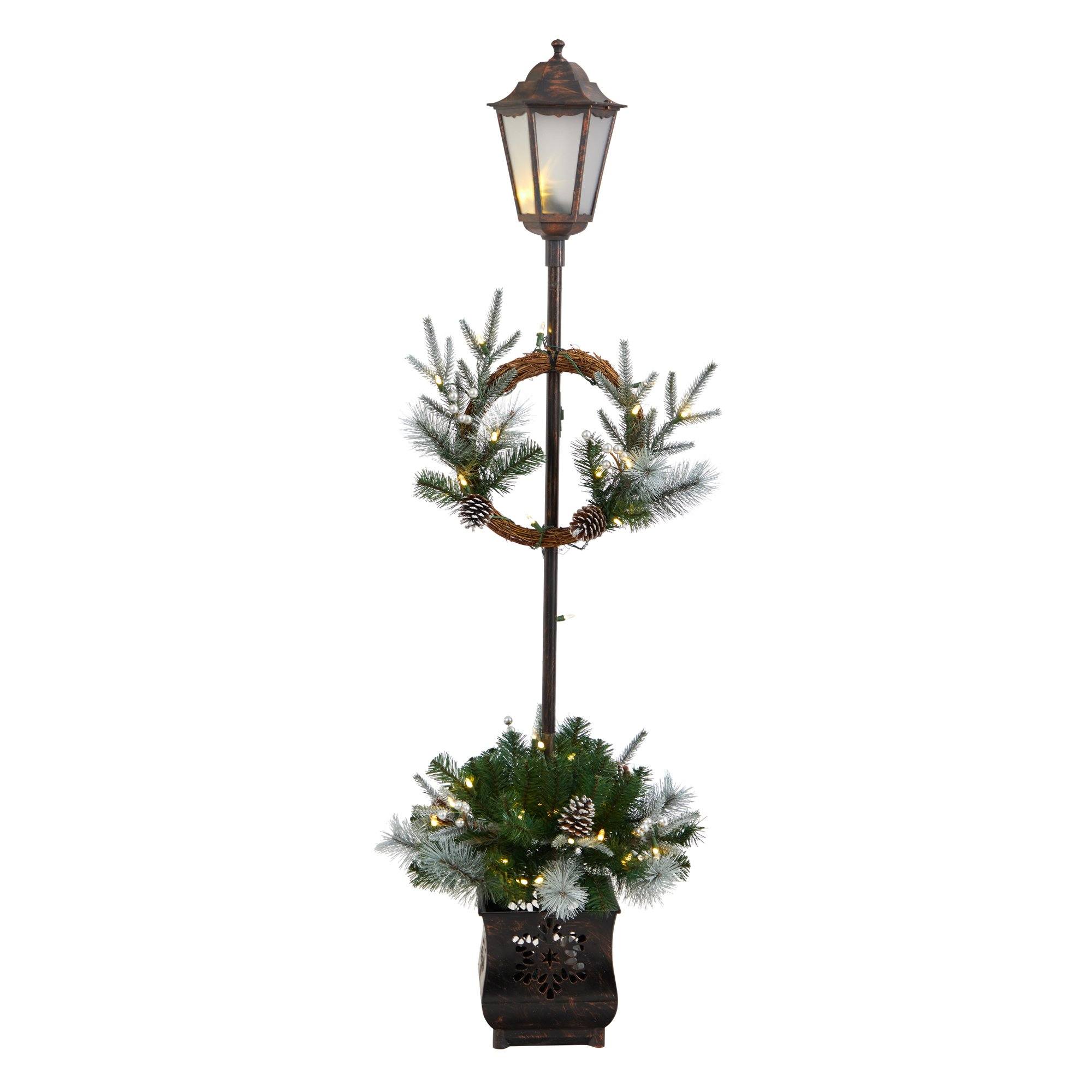 Led Post Decor 5’ Holiday Pre-lit Decorated Lamp Post with Greenery, Decorative ...