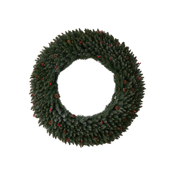 5’ Large Flocked Wreath with Pinecones, Berries, 400 Clear LED Lights and 820 Bendable Branches