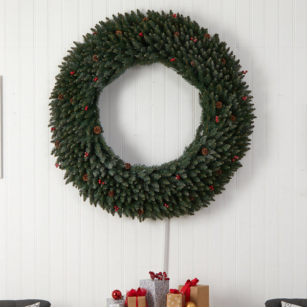 5’ Large Flocked Wreath with Pinecones, Berries, 400 Clear LED Lights and 820 Bendable Branches