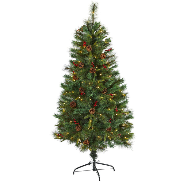5’ Mixed Pine Artificial Christmas Tree with 150 Clear LED Lights, Pine Cones and Berries