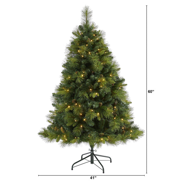 5’ North Carolina Mixed Pine Artificial Christmas Tree with 200 Warm White LED Lights, 711 Bendable Branches and Pinecones