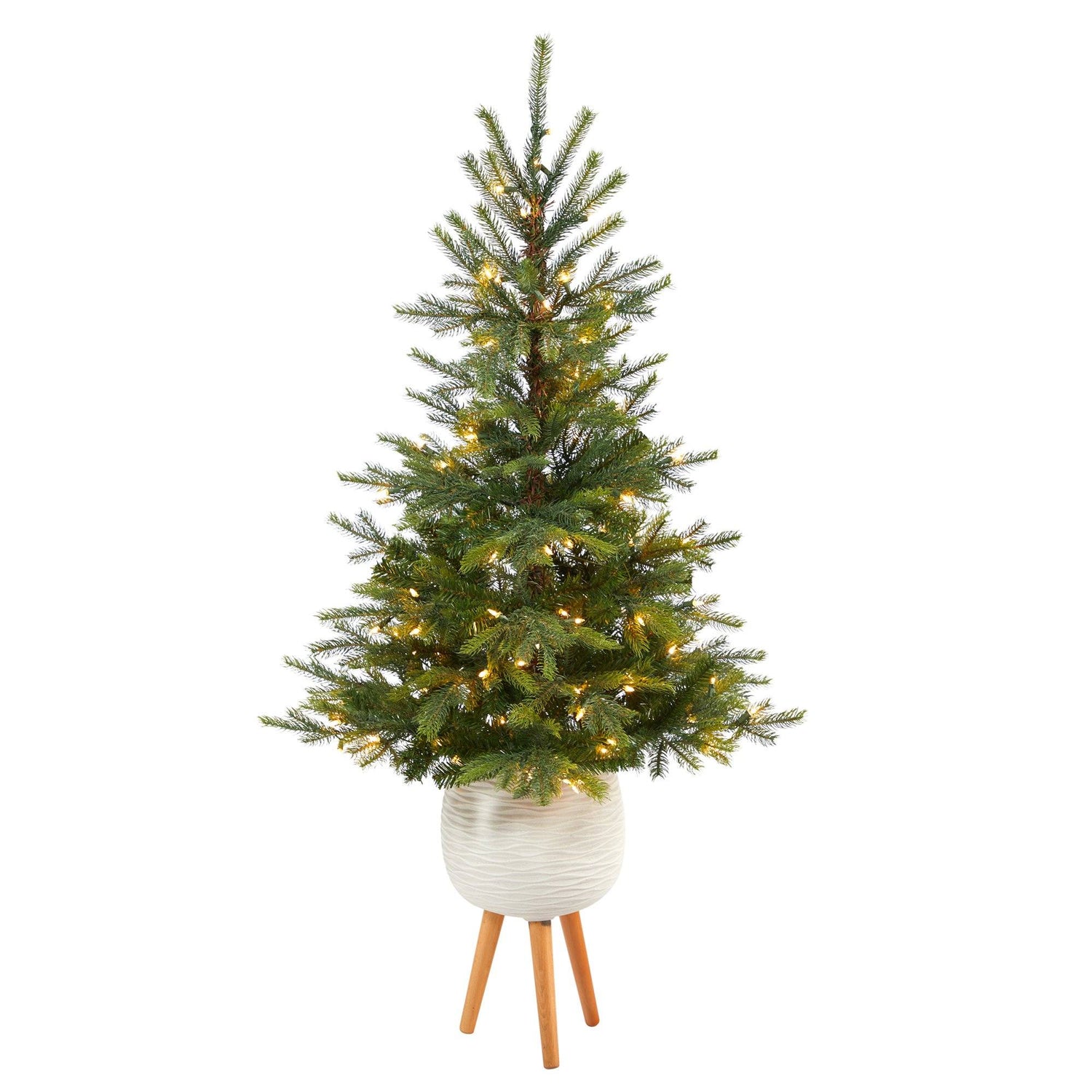 5’ North Carolina Spruce Artificial Christmas Tree with 100 Clear Lights and 207 Bendable Branches in White Planter with Stand