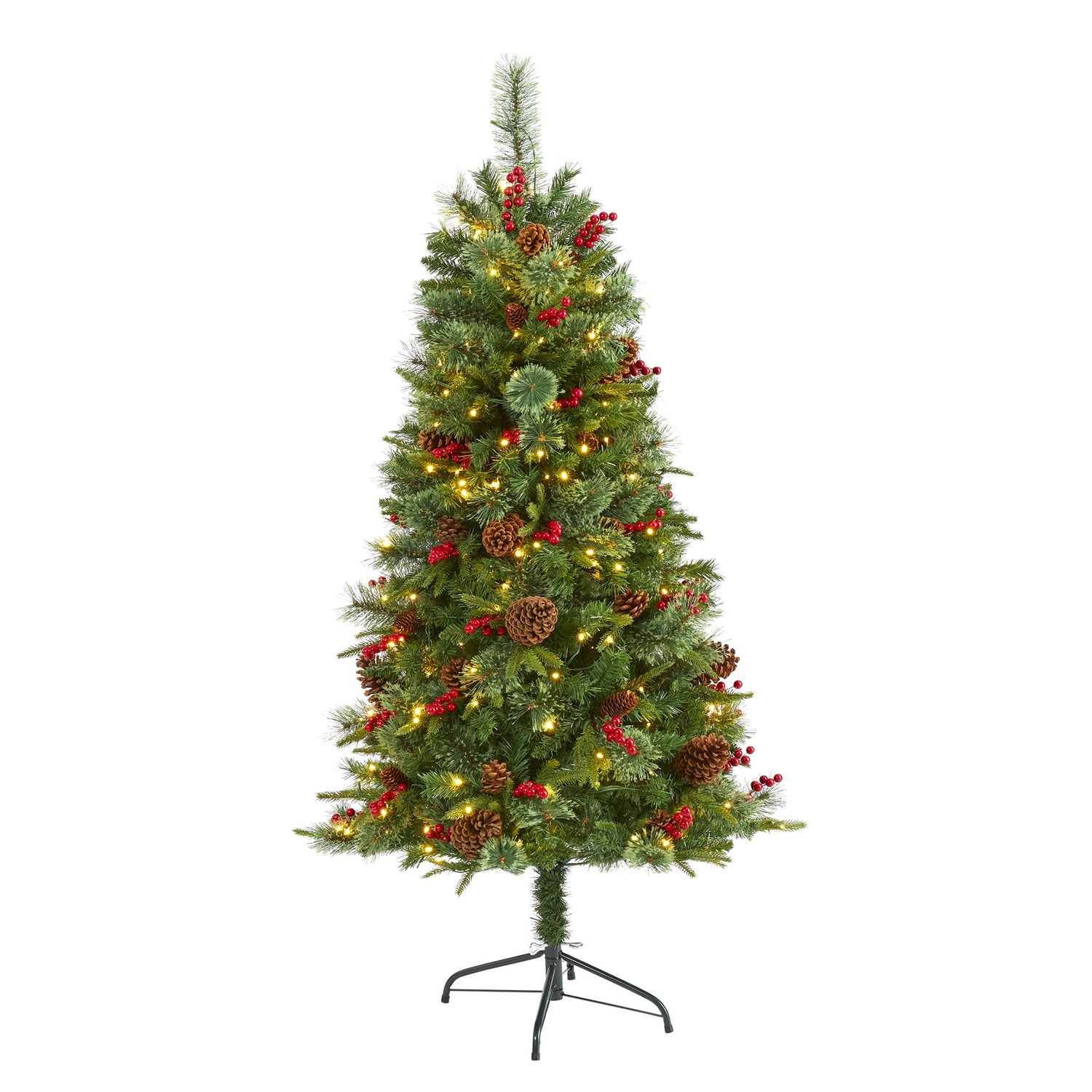5’ Norway Mixed Pine Artificial Christmas Tree with 200 Clear LED Lights, Pine Cones and Berries