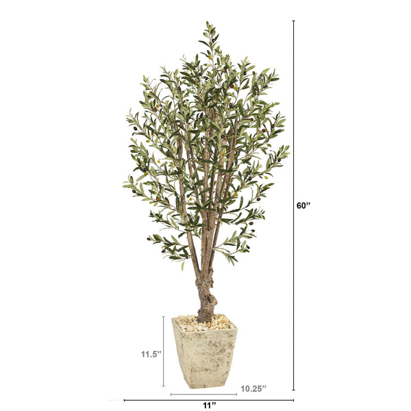 5’ Olive Artificial Tree in Country White Planter | Nearly Natural