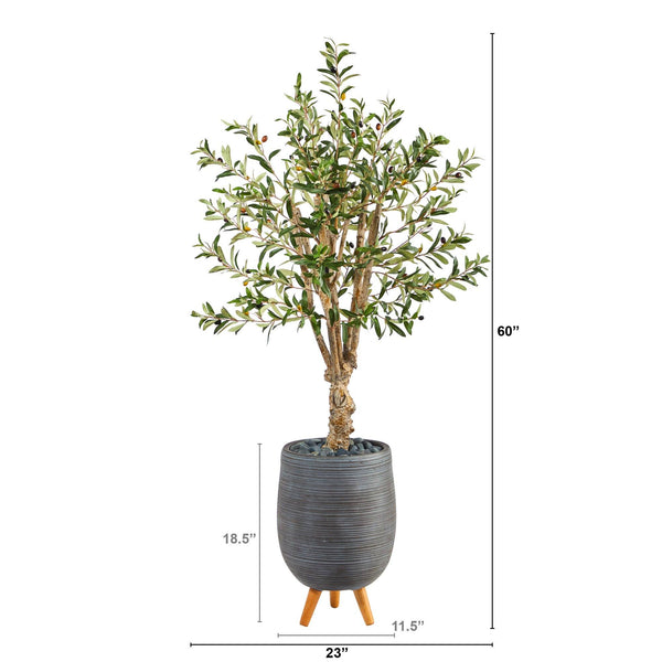 5’ Olive Artificial Tree in Gray Tri-Pod Planter