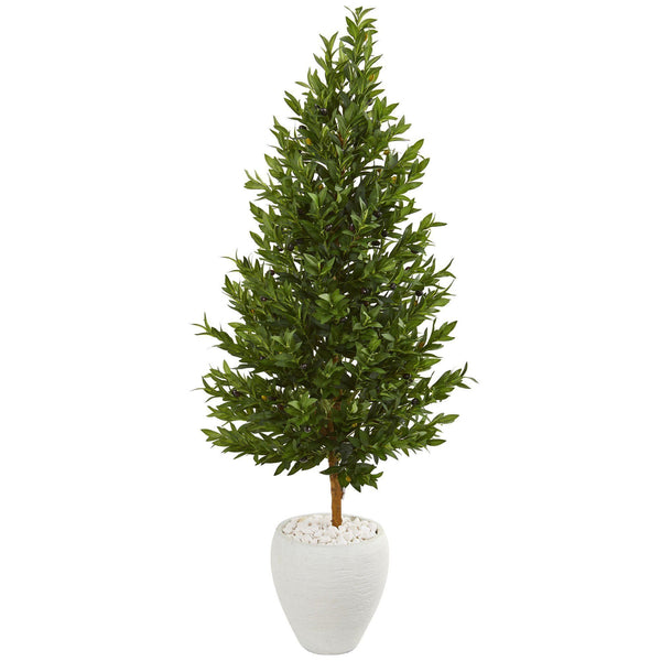 5’ Olive Cone Topiary Artificial Tree in White Planter (Indoor/Outdoor)