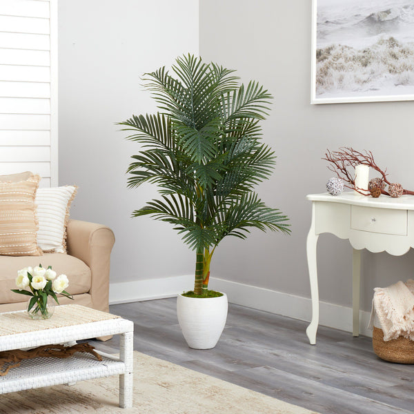 5’ Paradise Palm Artificial Tree in White Planter with Faux Moss