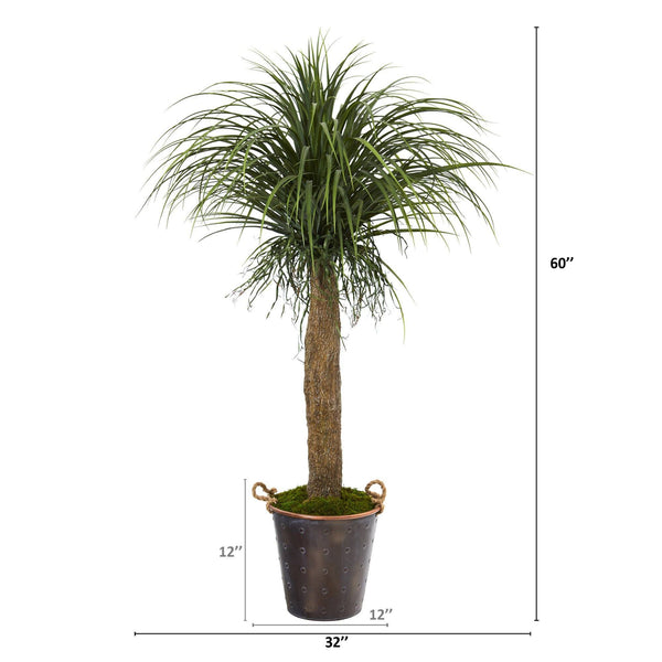 5’ Pony Tail Palm Artificial Plant in Decorative Metal Pail with Rope