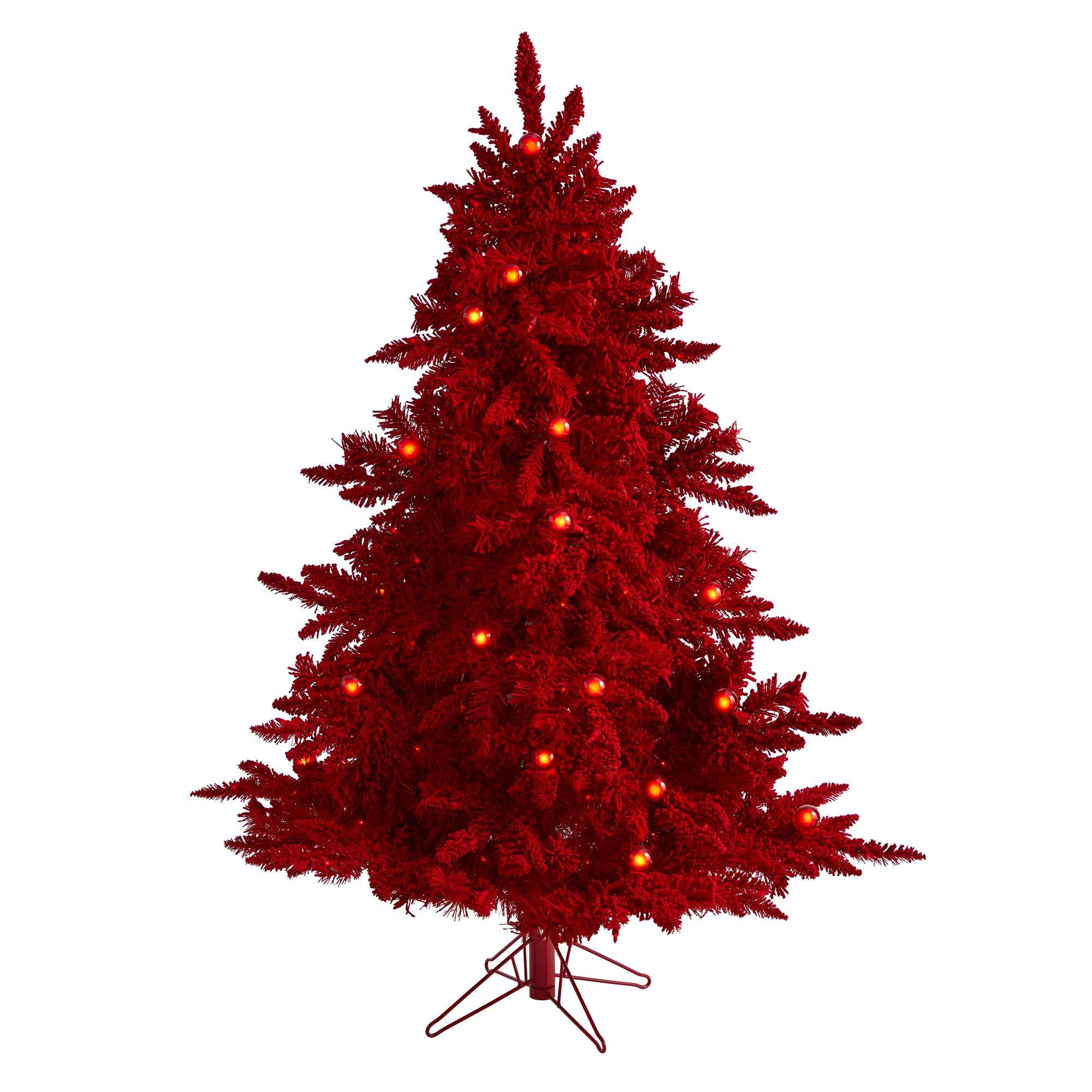 red tree② 5' Red Flocked Fraser Fir Artificial Christmas Tree with 250 Red